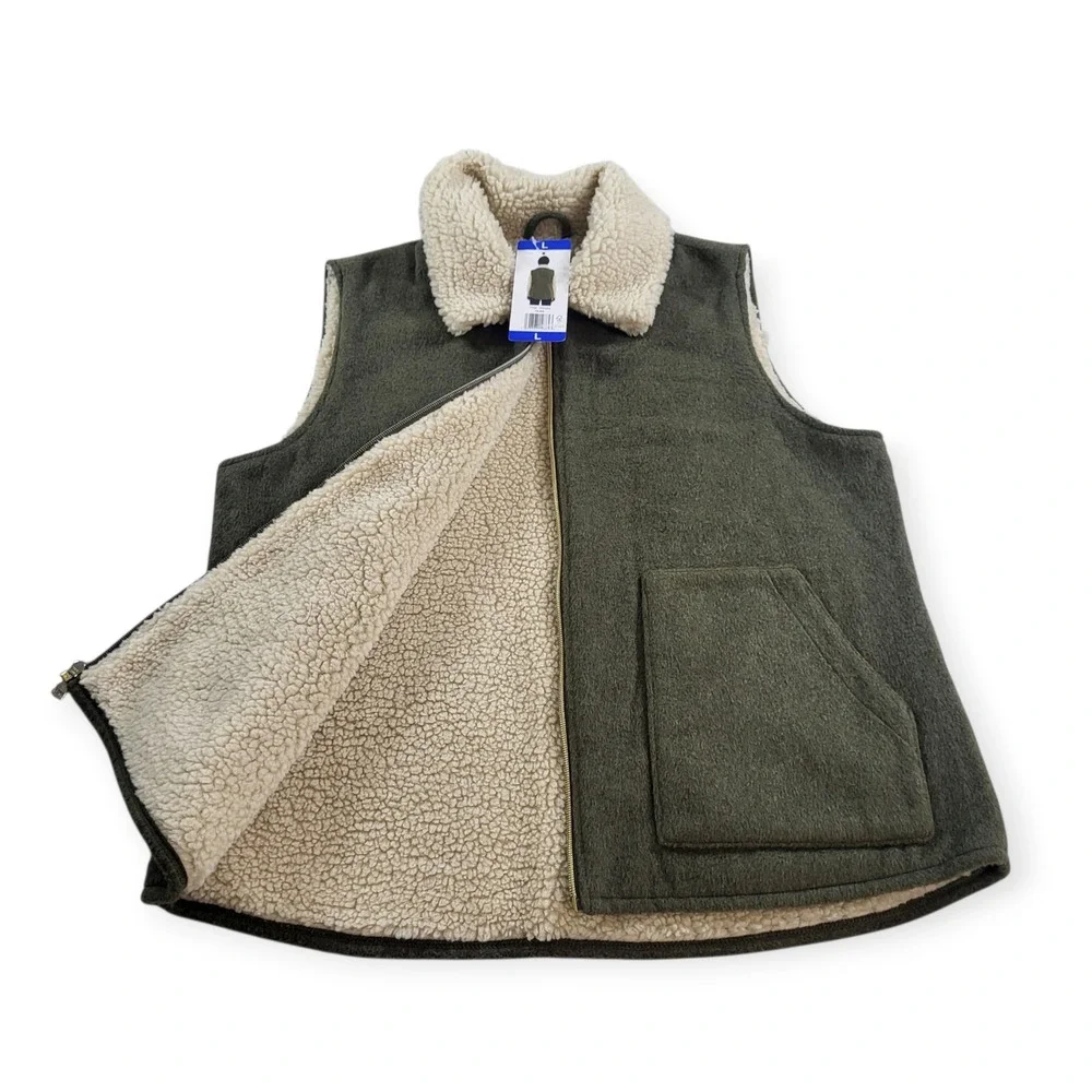 Sanctuary Womens Olive Green Wool Blend Faux Fur Lined Sherpa Vest Large 1893464